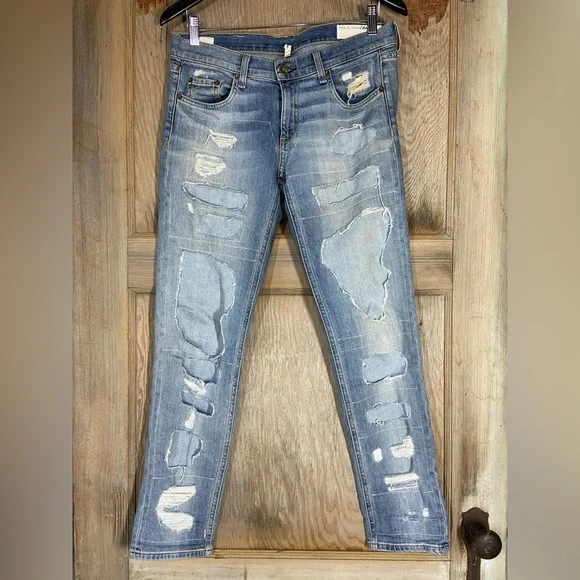 Rag & Bone Dre Distressed Boyfriend Jeans – Low‑Rise Light Wash Denim - Sz 27 - Picture 3 of 17